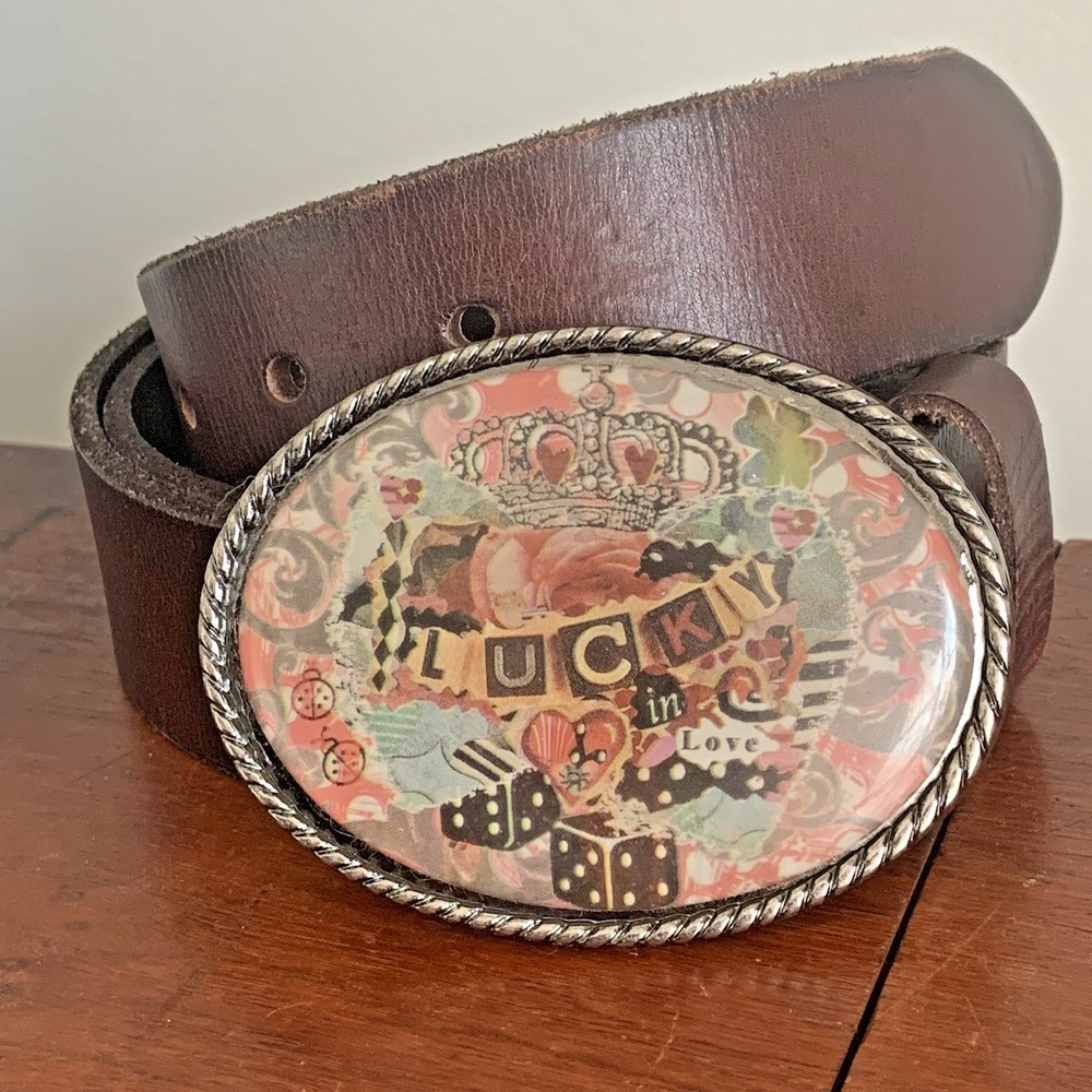 Vintage Ivan Lucky in Love Belt Buckle w NICE Thick Leather Belt 36 Valentines
